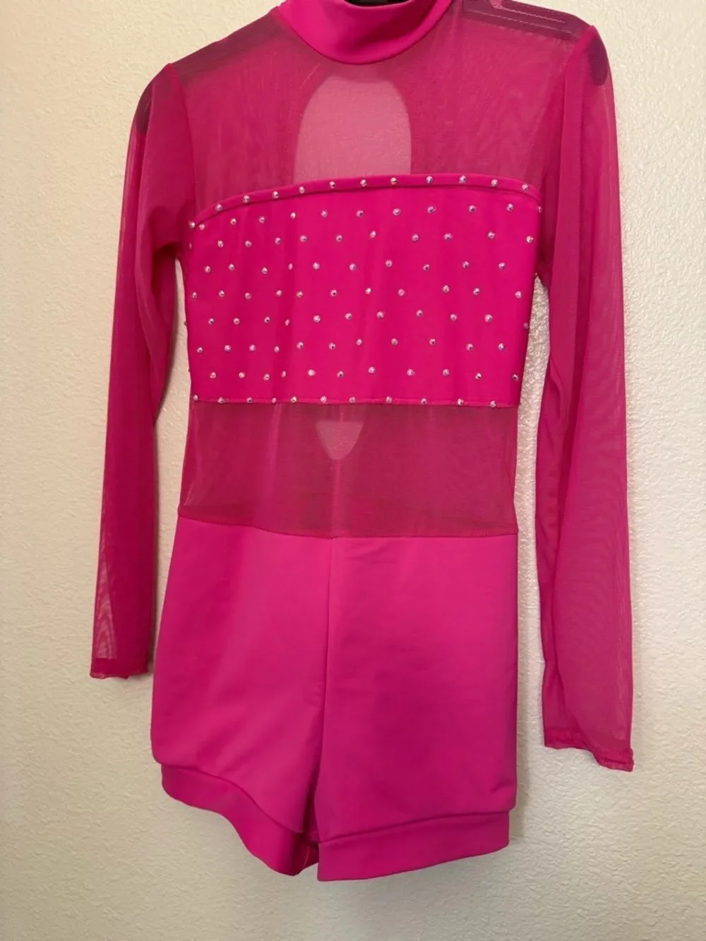 Custom dance costume solo hot pink mesh leotard biketard SA-Small adult